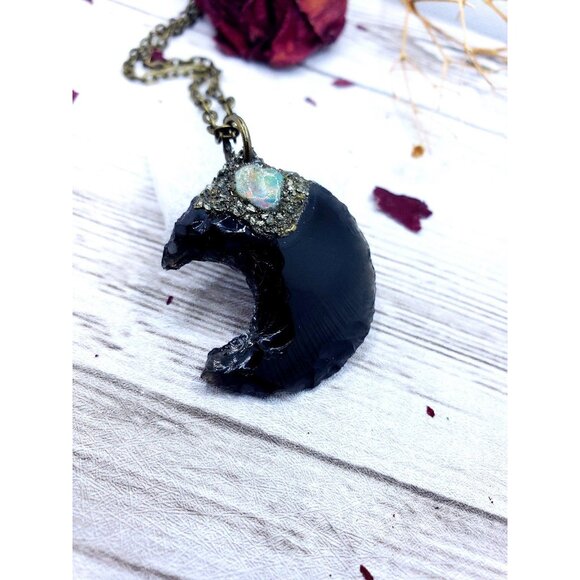 Obsidian and opal moon pyrite encrusted Necklace - Picture 4 of 10